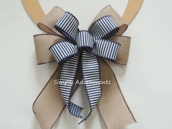 Farmhouse Navy Stripe Bow, Faux Burlap Navy pinstripe Bow, Navy Farmhouse striped Bow, Farmhouse Wreath Bow, Navy beige Door bow Sign bow