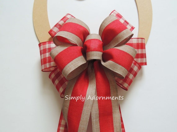 Red Tan Farmhouse Bow, Red buffalo check Bow, Red tan Plaid Farmhouse Door Bow, Christmas Wreath Bow, Everyday Sign Bow, Red tan door Bow