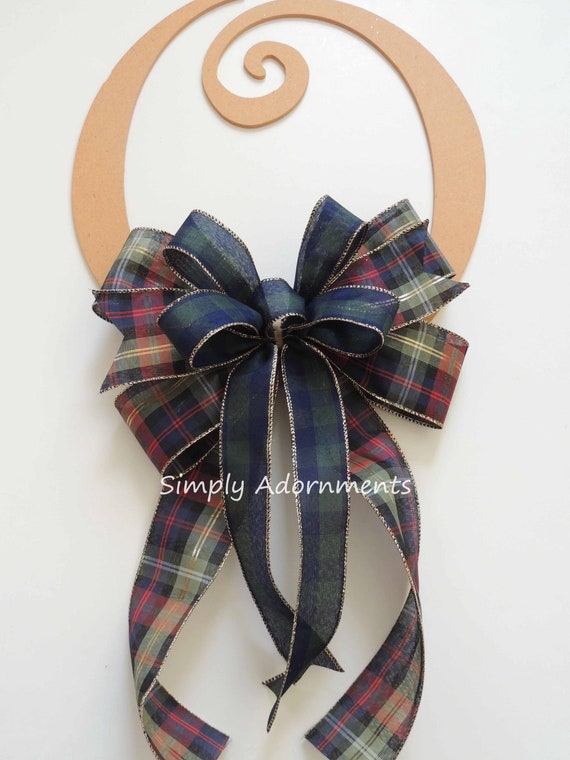 Navy Christmas Plaid  Bow, Navy Emerald Gold Plaid Bow, Navy Wreath Bow, Christmas Plaid Tree bow, Navy Holiday Plaid Bow, Lantern Bow