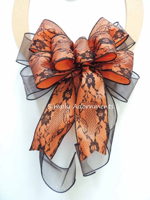 Black orange Halloween Bow, Black Lace Orange Bow, Halloween Wreath Bow, Halloween Door Bow, Lantern Bow, Orange Black Lace Halloween bow
