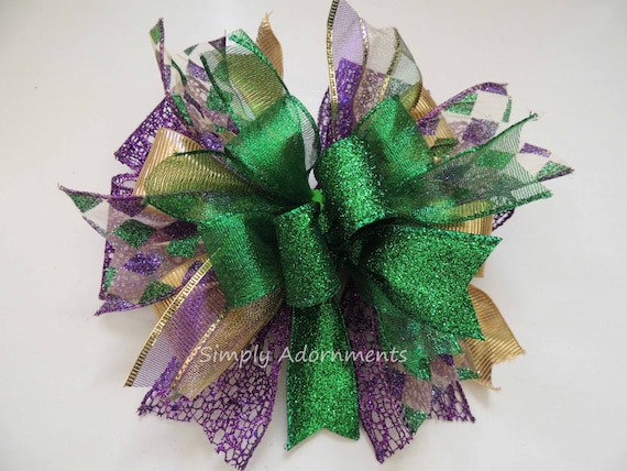 Mardi Gras Bow, Mardi Gras Wreath Bow, Mardi Gras lantern Bow, Harlequin Mardi Gras Tree Topper Bow, Mardi Gras Door Hanger Bow, Gift bow