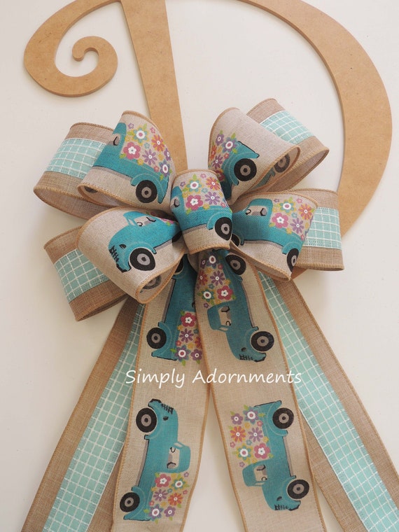 Flowers Farm truck bow, Sparkle Burlap rustic Farm truck Bow, Teal burlap Farmhouse bow, Spring flowers vintage truck lantern Bow, farm bow