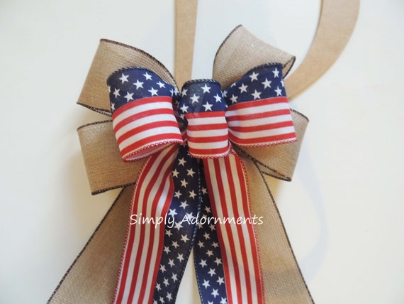 Patriotic Rustic Farmhouse Bow, July 4th door bow, Fourth of July Wreath bow Stars and stripes bow, Patriotic Burlap bow, Patriotic Door bow