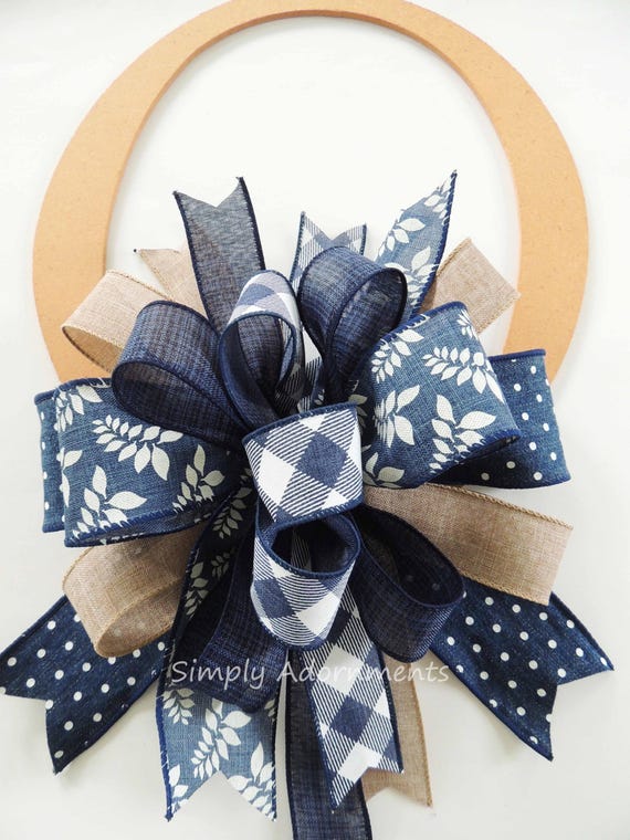 Navy Tan Farmhouse Bow, Navy Farmhouse Bow, Navy Wreath Bow, Everyday Navy lantern Bow, Farmhouse Navy Tan bow, door bow