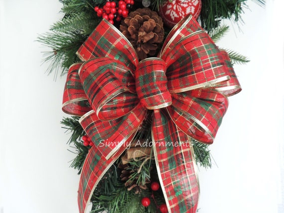 Handmade Christmas Plaid Bow: Red, Green, and Gold Wire-Edged Ribbon