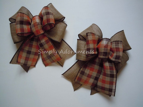Fall Plaid Burlap bow Brown Orange Plaid Thanksgiving Decor Bows Autumn Plaid Lantern Bows Rustic Fall plaid Swag Bow Door hanger Bow