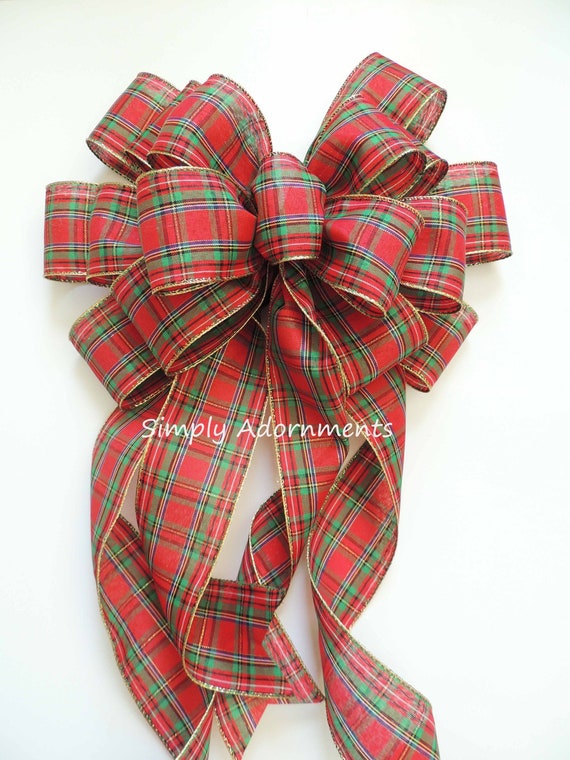 Xlarge Traditional Christmas Plaid Bow, Red Green Gold Plaid Tree topper, Wreath Bow, Red Green Tartan Tree Bow, Door Decor