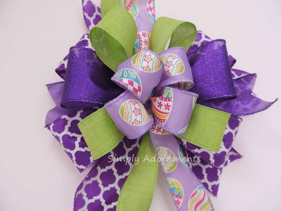 Purple Green Easter Wreath Bow,  Easter Bow for Door hanger, Easter Lantern Bow, Purple Lime Easter Gift Basket Bow, Easter bow for Lantern