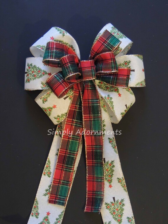 Christmas Tree Bow, Red Green Christmas Plaid Wreath Bows, Christmas Tree Bow Holiday Tree Plaid Bow Red Green Winter Holiday Plaid Gift Bow