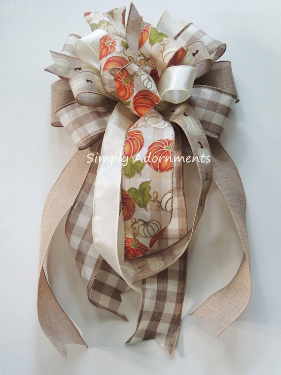Farmhouse Pumpkin Wreath Bow: Beige Check Wired Ribbon Fall Decor