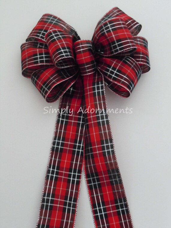 Red Black Silver Plaid Wreath bows, Christmas Plaid Wreath Bow, Red Black Tartan Bow, Country Tree bow, Red Black Plaid Christmas swag Bow Il_570xn