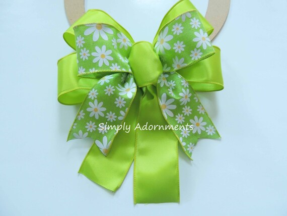 Green Flowers Bow, Spring Green Flowers bow, Spring flowers Easter bow,  Flowers Door Bow, Flowers Wreath Bow, Daisy flowers Basket Gift Bow