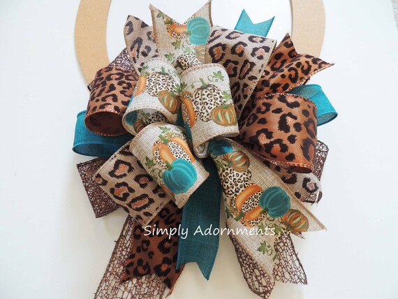 Fall Pumpkin Bow, Teal & Leopard Print, Wreath Accent