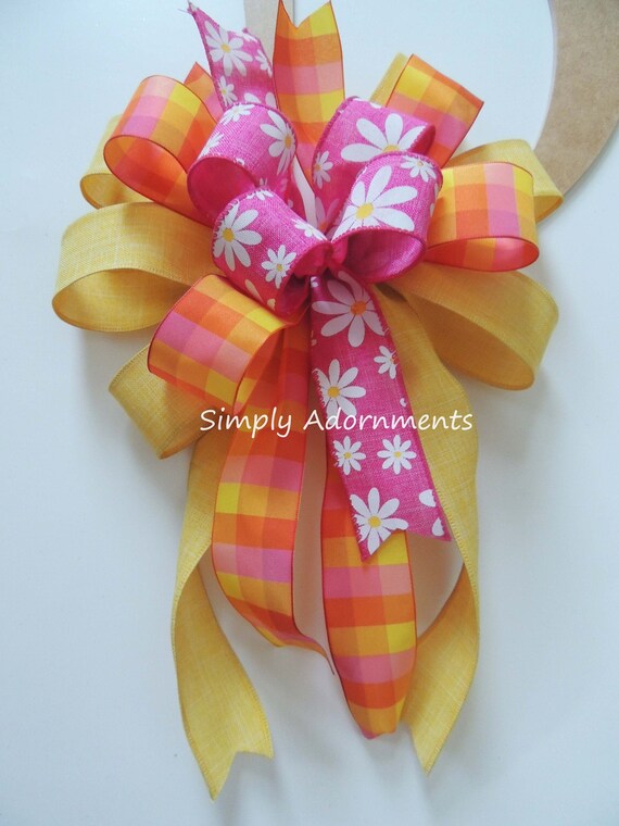 Yellow pink Flower bow, Spring Plaid Wreath bow, Spring Floral wreath Bow, Summer Floral Lantern Bow, Spring flower bow, basket Gift Bow