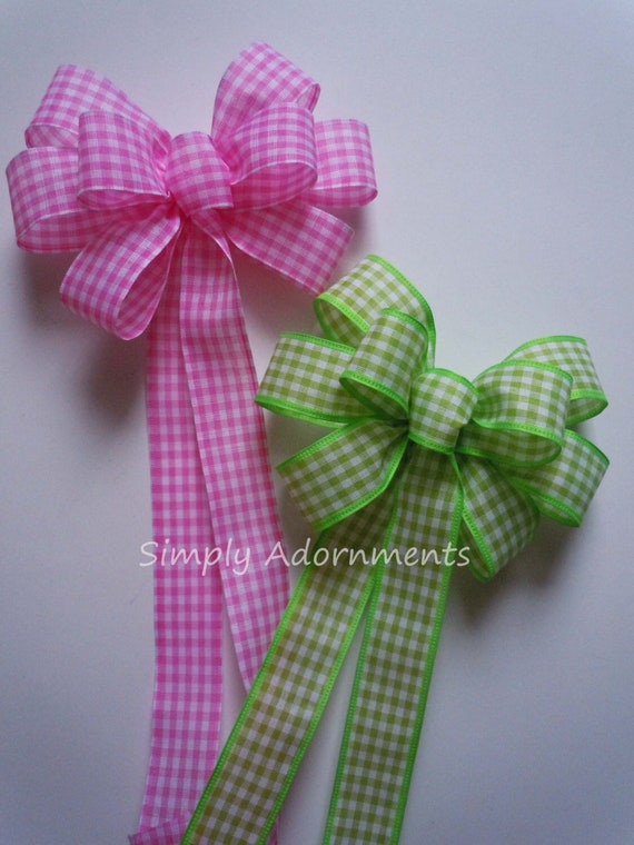 Pink or Green Gingham Wreath Bow, Spring Check Bow, Green Pink Accent Wreath Bow, Pink Check Easter Gift Bow, Shower Birthday Party Decor