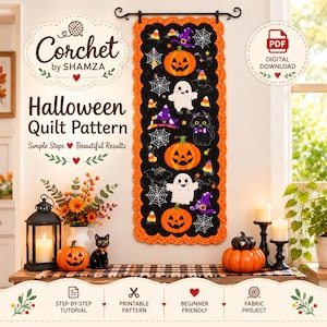 Op de afbeelding: Een rechthoekige Halloween-wandhanger van quiltstof met een zwarte achtergrond en oranje, witte en paarse motieven zoals pompoenen, spoken, katten, spinnenwebben en maissnoepjes, afgewerkt met een oranje gehaakte schulprand.
