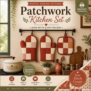 May include: A digital sewing pattern for a patchwork kitchen set including oven mitts and a pot holder. The design features a red and cream quilted fabric pattern. Text includes "Digital Sewing Pattern," "Patchwork Kitchen Set," and "Instant Download."