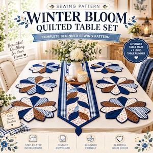 Può includere: Un cartamodello per un set da tavola trapuntato Winter Bloom, che include sei tovagliette a forma di fiore e un lungo runner da tavola. Il design presenta tessuti blu, marroni e floreali con istruzioni passo-passo per principianti.
