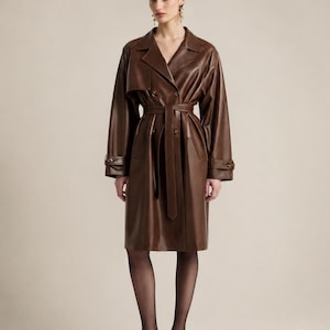 Women's Brown Leather Trench Coat, Genuine Leather Long-Coat, Handmade Belted Double-Breasted Jacket, Winter-Outerwear Gift-for-Her