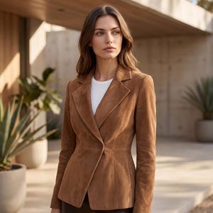 Può includere: Un blazer in camoscio color marrone chiaro con chiusura a un bottone, revers classici e maniche lunghe, indossato sopra una maglietta bianca a girocollo. La giacca ha un taglio sartoriale con cuciture verticali sui pannelli frontali.
