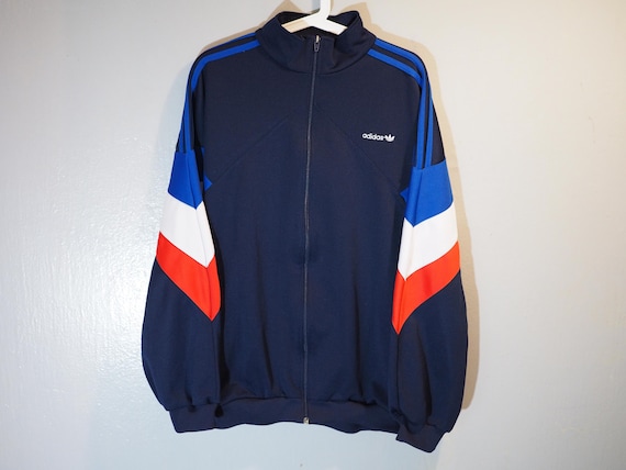 Adidas, Vintage 90s Adidas Trefoil Track Jacket Colorblock Navy Blue Red White Men's XL