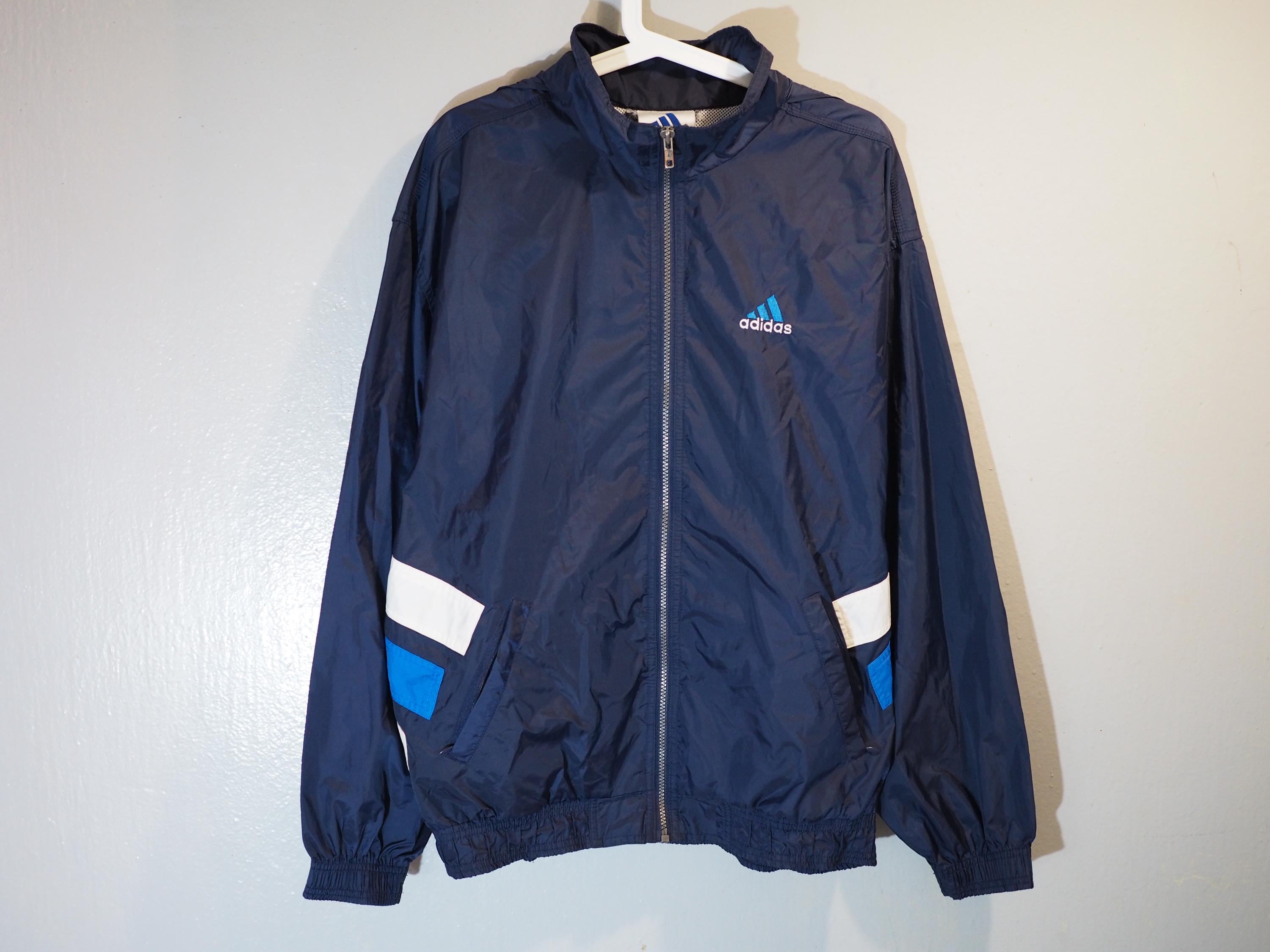 Adidas, Vintage 90s Adidas Windbreaker Jacket Navy Blue Big Logo Back Hooded Size M
