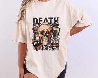 Death Horror Comfort Colors® T-Shirt - Retro Horror Halloween Shirt - Skull Spooky Collage Graphic Tee - Gothic Skeleton Halloween Gift