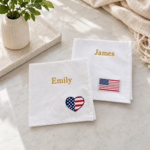 Personalized White Handkerchief, Gold Name Embroidery, U.S. Flag Patch Gift