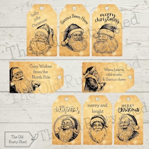 Vintage Santa Christmas Gift Tags – Cozy Rustic Holiday Printable Tags – Instant Download - santa claus - primitive christmas decor