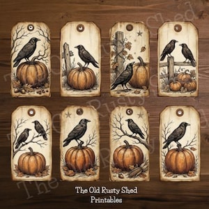 May include: Set of eight vintage-style gift tags featuring illustrations of black crows perched on pumpkins. The tags have a rustic, aged appearance with a neutral color palette, perfect for fall or Halloween. The text "The Old Rusty Shed Printables" is at the bottom.