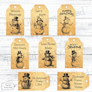 May include: A collection of vintage-style gift tags with snowman illustrations. Each tag features a different phrase, including "Winter Blessings," "Let it snow," and "Merry Christmas." The tags have a rustic, aged appearance.