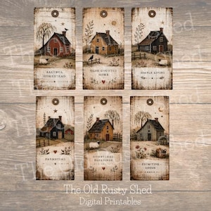 May include: Set of six rustic-style digital printable tags featuring watercolor illustrations of country homes, sheep, and trees. Each tag has a different title, including "Saltbox Homestead" and "Primitive Goods". The tags are designed with a vintage aesthetic.