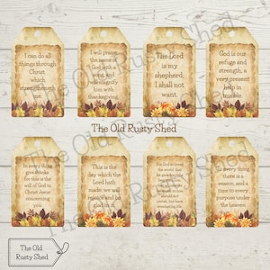 May include: Eight vintage-style gift tags with inspirational quotes and autumn floral designs. Each tag features a different Bible verse, with a distressed paper background and decorative borders. The Old Rusty Shed.