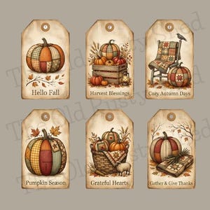 May include: Six autumnal gift tags with watercolour illustrations. Each tag features a pumpkin, with text such as "Hello Fall" and "Harvest Blessings." The tags have a rustic, vintage aesthetic with warm colours.