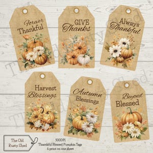 May include: Set of six fall-themed gift tags with watercolor illustrations of pumpkins and flowers. Each tag features a different phrase: "Forever Thankful," "Give Thanks," "Always Thankful," "Harvest Blessings," "Autumn Blessings," and "Beyond Blessed."