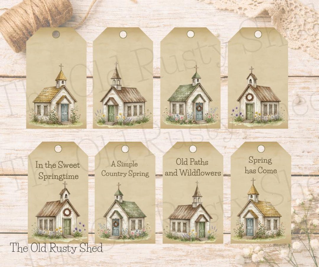 Primitive Farmhouse Church, Spring Church Tags, Digital Printable ...