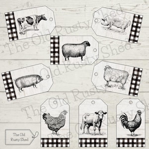 Farm Animal Printable Tags | Buffalo Check Cow Pig Sheep Chicken Rooster Gift Tags | Rustic Farmhouse Digital Download |  farm kitchen decor