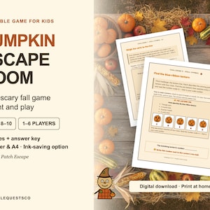 Puede incluir: Un juego de escape Pumpkin Escape Room imprimible para niños con siete acertijos y una hoja de respuestas. El documento incluye texto como Pumpkin Escape Room, Ages 8-10, 1-6 Players e instrucciones para retos como encontrar la linterna azul.