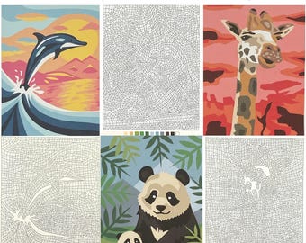 Könnte beinhalten: Eine digitale Sammlung mit dem Titel 40 Animal Coloring by Number Designs, Printable PDF Also for iPad & Tablet Drawing. Sie zeigt sechs Felder mit fertigen farbigen Illustrationen von Delfin, Giraffe und Panda sowie nummerierte Linienzeichnungen.
