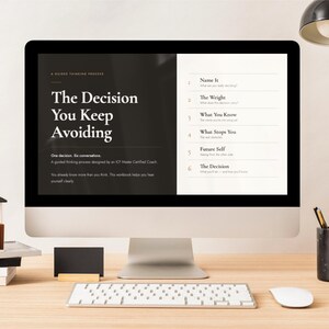 May include: A computer monitor displaying a document titled The Decision You Keep Avoiding with a six-step list including Name It, The Weight, What You Know, What Stops You, Future Self, and The Decision, alongside a keyboard, mouse, and model house.