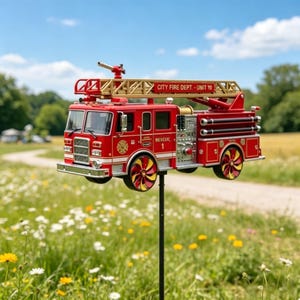 Puede incluir: Un adorno de jardín con forma de camión de bomberos rojo con una escalera dorada, etiquetado como City Fire Dept. Unit 10 y Rescue 1. El camión tiene ruedas multicolores con radios rojos y amarillos, montado sobre una varilla de metal negro.