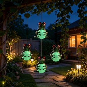 May include: A hanging outdoor decoration featuring four dark green frog figures with red eyes, each holding a glowing light green orb. The frogs are suspended at varying heights by thin wires, creating a vertical arrangement in a garden setting.