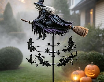 Paletto da giardino girevole a forma di stella e pipistrello con scopa da strega per Halloween.