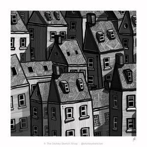 May include: A black and white illustration of a dense cityscape featuring multiple multi-story houses with gabled roofs, dormer windows, and textured facades. The text at the bottom reads The Stokey Sketch Shop and @stokeysketcher.