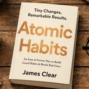 Könnte beinhalten: Ein gebundenes Buch mit dem Titel Atomic Habits von James Clear mit cremefarbenem Einband und braun gesprenkeltem Text. Der Untertitel lautet Tiny Changes, Remarkable Results. An Easy & Proven Way to Build Good Habits & Break Bad Ones.