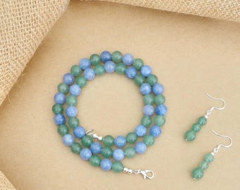 Aventurine & Aquamarine Beaded Necklace Set, Natural Gemstone Crystal Energy Jewelry