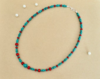 Turquoise and Coral Unisex Necklace Boho Hippie Turquoise and Coral Necklace Green Turquoise and Red Coral Healing Necklace
