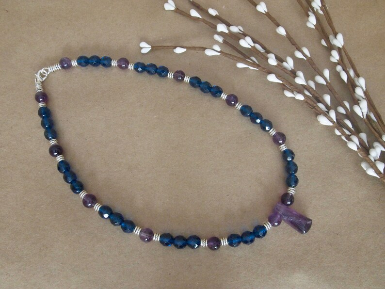 Amethyst Gemstone Beaded Necklace with Fire Polished Blue Faceted Beads and Silver Accents