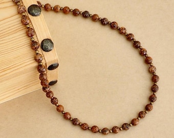Firework Jasper Necklace: Bronze Accents, Crystal Healing Energy Jewelry, Handmade Beaded Unisex Necklace