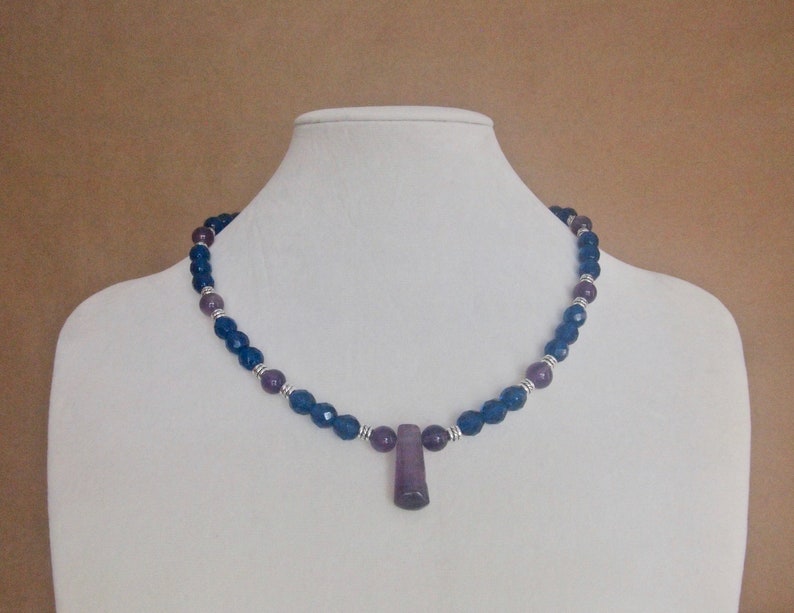 Amethyst Gemstone Beaded Necklace with Fire Polished Blue Faceted Beads and Silver Accents